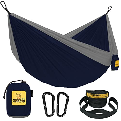Wise Owl Outfitters Camping Hammock – 500lbs Portable Hammock with Tree Straps - Travel, Backpacking, Hiking, Outdoors Camping Gear - Single or Double - color: Navy & Steel, size: Single