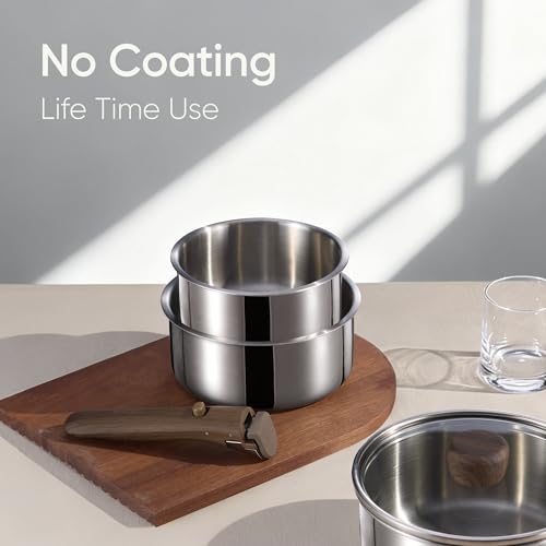 CAROTE Tri-Ply Stainless Steel Sauce Pan with Detachable Handle,1.5QT Sauce Pan & 3QT Saucepan with Lid, 5PCS Non-Toxic Induction Kitchen Stainless Steel Pot,Removable Handle,Oven Safe,Woodgrain - color: Silver, size: 5 PCS