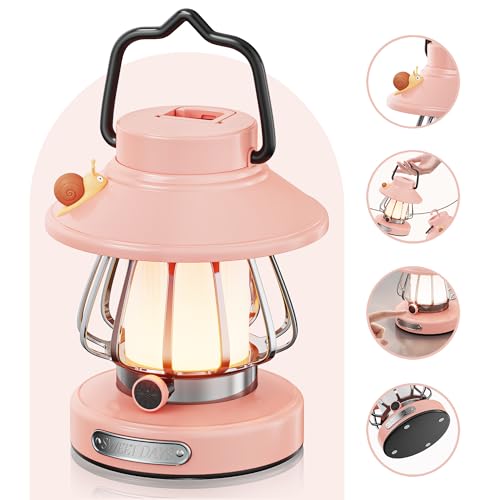 HOMY Pink Retro Kids Camping Lantern, 3-Color Dimmable Portable LED Night Light with Handle, Vintage Decorative Lamp for Toddlers, Gift for Tent, Backyard & Indoor Play - color: Pink