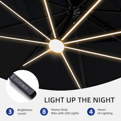 9 X 12 FT Cantilever Outdoor Patio Umbrella with Led Lights Heavy Duty Windproof Double Top Large Rectangle Offset Umbrellas with 360-degree Rotation for Garden Pool Deck Backyard, Black - color: Black, size: 9' X 12'- Only Umbrella(LED)