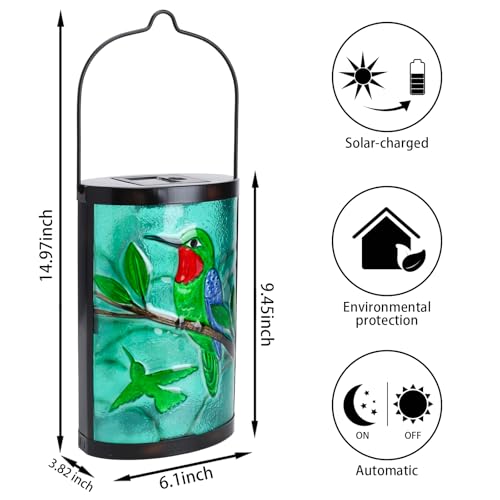 Hanging Solar Lantern Outdoor Waterproof Hummingbird Solar Lights Glass Tabletop Decorative Lamp for Outdoor Patio Garden Outside Yard Decor - style: Green_Hummingbirds