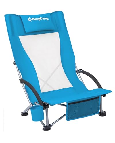 KingCamp Low Beach Chair, High Back Folding Camping Chair for Adults, Oversized Breathable Mesh Seat, 300lbs Heavy Duty Portable Chair with Cup Holder & Storage Pockets for Beach, Outdoor - color: Ergobreeze H Blue