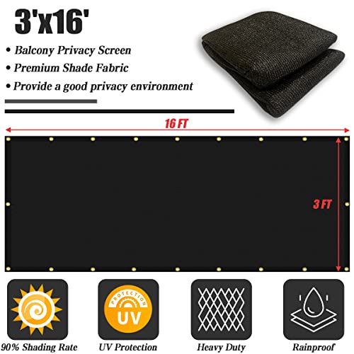 Balcony Privacy Screen Fence Cover 3'x16', HDPE Shade Mesh Fabric with Cable Ties, 90% Visibility Block, UV & Wind Protection for Patio, Deck, Porch, Pool, Backyard, Apartments Railing - color: Black, size: 3×16 FT