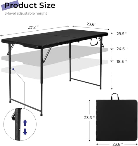 4 Foot Folding Table Adjustable Height 22-30 Inch, Heavy Duty Fold in Half Plastic Table with Steel Legs, Portable Indoor Outdoor Table for Picnic, Camping, Dining, Party - color: Black-a, size: 4FT