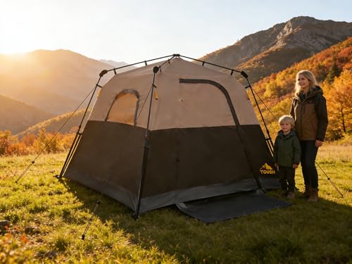 3/4 Person Camping Tent with 1 Door, 4 Windows, and Upgraded Ventilation– Instant Setup, Waterproof, 8'x 8'x 67''Oxford Fabric Floor Pop Up in 60 Seconds Includes Rainfly and Backpack - color: 4 Person Black/2-Layer