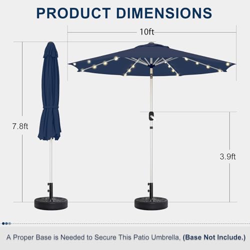 10FT 40-LED Solar Lighted Aluminum Patio Umbrella, Fade-Resistant Outdoor Market Table Umbrella with Push Button Tilt Function, 8 Sturdy All-Aluminum Ribs for Gardens, Decks, Backyards & Pools - color: Navy Blue, size: 10FT 40LED-1Tier (Aluminum Umbrella)