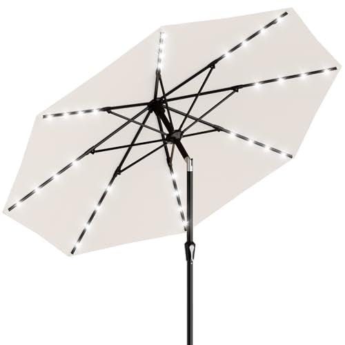 AreShark 9FT Patio Umbrella with Solar Lights, 32 Lighted Pool Umbrella w/Tilt and Crank, Outdoor Market Solar Umbrellas for Garden, Deck, Backyard, Pool and Beach, Cream-White - color: Cream-White, size: 9 Ft