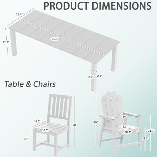 11-Piece Patio Dining Set, Outdoor Dining Set for 10, HDPE All-Weather Outdoor Furniture with 89.57” Umbrella Hole Table, 2 Armchairs & 8 Armless Chairs, White - color: White, size: 2 Armchairs & 8 Armless Chairs
