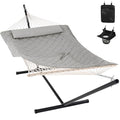 ANOW Double Rope Hammock with Stand 12FT, Heavy Duty Hammock with Polyester Pillow and Pad, 450 LBS Weight Capacity, Light Grey - color: Light Grey, size: With Stand