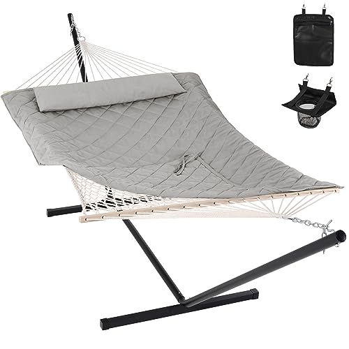 ANOW Double Rope Hammock with Stand 12FT, Heavy Duty Hammock with Polyester Pillow and Pad, 450 LBS Weight Capacity, Light Grey - color: Light Grey, size: With Stand