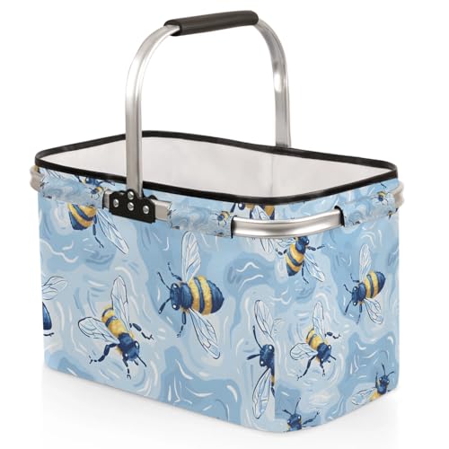 Picnic Basket,Leak-Proof Collapsible Cooler Bag,40L Grocery Basket with Sturdy Handles,Storage Basket for Picnic,Food Delivery,Take Outs,Market Shopping,Travel - color: Bee(style 3)