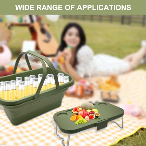Foldable Picnic Basket Large Capacity Camping Folding Basket with Table Car Trunk Organiser Can be Used as Ice Bucket Suitable for Camping, car Storage, Home Sorting, etc.Dark Green - color: Dark Green