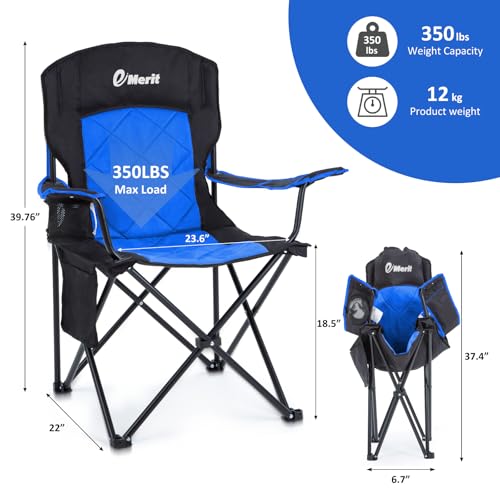 EMERIT 2 Pack Oversized Padded Camping Chair, 350LB Heavy Duty Quad Fold Chair with Arms, Collapsible Outdoor Chairs with Lumbar Back & Cup Holder - color: Blue（twin Pack)