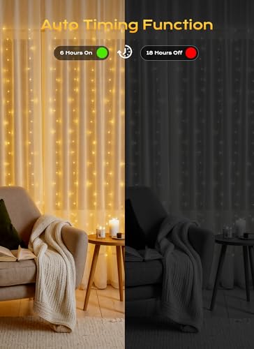 Brightown 300 LED Curtain Lights, 9.8 FT Plug in Fairy Lights for Bedroom, 8 Lighting Modes, Christmas String Lights for Window Wall Wedding Party Birthday Christmas Decorations, Warm White - color: Warm White, size: 300LED
