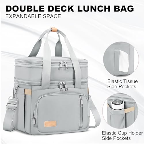 MAPLELILY Lunch Box for Men Women - Double Deck Insulated Lunch Bag, Large Leak Proof Tote Cooler, Wide Open Dual Compartment Lunch Bags with Shoulder Strap, For Work Picnic Hiking Beach, Grey - color: Gray