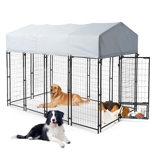 8x4x6 FT Outdoor Dog Kennels for Large Dogs, Heavy Duty Welded Wire Steel Outside Dog Kennel with Roof, Dog Pens with 2 Rotating Dog Bowls, Dog Playpen Fence with Secure Lock for Backyard