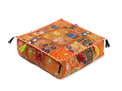 Mam Treasures Indian Bohemian Decorative Pillow Vintage Cushion Cover Patchwork Square Floor Pillow Cover Meditation Cushion Large Floor Pillow Indian Cushion (Orange, 16 X 16 X 5 Inch) - color: Orange, size: 16" x 16" (Pack of 1)