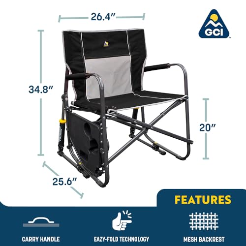 GCI Outdoor Freestyle Rocker XL with Side Table Camping Chair | Portable Folding Rocking Chair with Solid, Durable Armrests, Drink Holder & Comfortable Backrest — Black - color: Black, style: Freestyle Rocker XL W/ Side Table