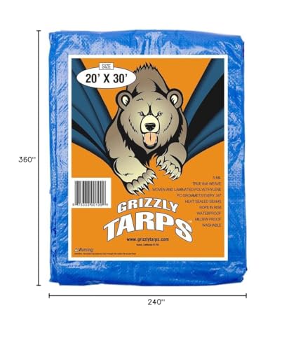Grizzly Tarps by B-Air 20' x 30' Large Multi-Purpose Waterproof Heavy Duty Poly Tarp with Grommets Every 36", 8x8 Weave, 5 Mil Thick, for Home, Boats, Cars, Camping, Protective Cover, Blue - size: 20X30