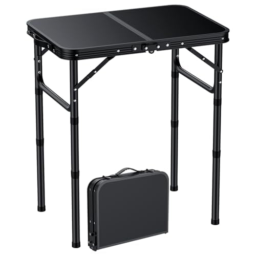 EYPINS Folding Camping Table Portable - Pure Black Aluminum 22.8x15.7'',3 Height Adjustable Small Outdoor Folding Table,Waterproof Lightweight Table with Carry Handle for Picnic,Cooking,BBQ,Beach - color: Pure Black, size: 22.8x15.7x 27.5 Inch