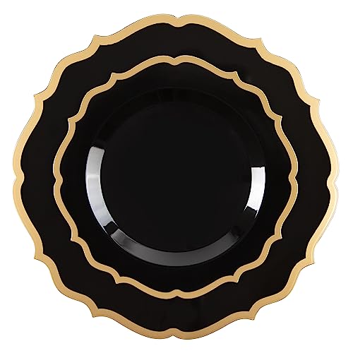 PLASTICPRO 32 Pack Elegant Disposable Plastic Plates Combo Set Includes 16 Dinner Plates and 16 Salad Plates Heavy Duty Fancy Party Plates Black & Gold Contemporary Design - color: Black & Gold Contemporary