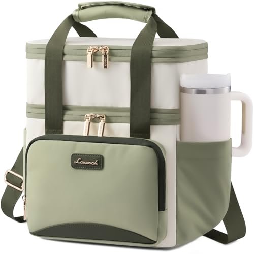 LOVEVOOK Insulated Lunch Bag For Women Men,Expandable Double Deck Lunch Box With Large Cup Holder,Leakproof Cooler Bag For Adult Lunch Tote Bag Work Picnic Beach with Adjustable Shoulder Strap Gift - color: Off White with Green, size: Large —15l