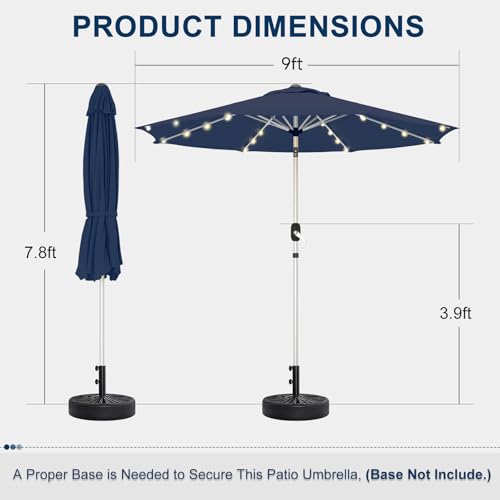 9FT Aluminum Patio Umbrella with 40-LED Solar Lighted, Fade-Resistant Outdoor Market Table Umbrella with Push Button Tilt Function, 8 Sturdy All-Aluminum Ribs for Gardens, Decks, Backyards & Pools - color: Navy Blue, size: 9FT 40LED-1Tier (Aluminum Umbrel