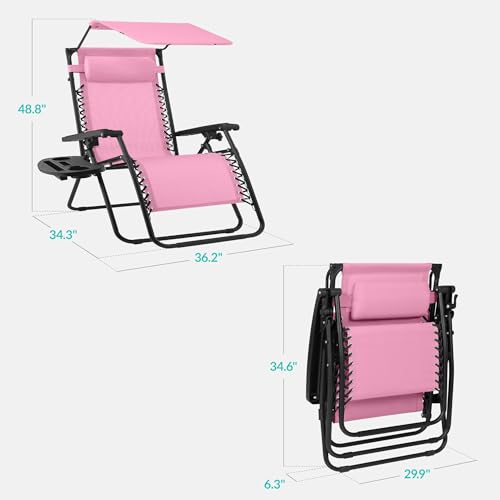 Best Choice Products 30” Wide Folding Zero Gravity Outdoor Recliner Patio Lounge Chair w/Adjustable Canopy Shade, Headrest, Side Accessory Tray - Carnation - color: Carnation, size: Oversized Extra Wide