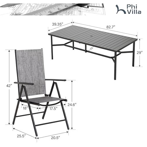 PHI VILLA 9 Piece Patio Dining Set, Patio Furniture Outdoor Dining Set with Adjustable Portable Patio Folding Chairs (Grey) & Large Patio Dining Table for Yard, Garden and Deck - color: Grey, size: 9 Piece Rectangle