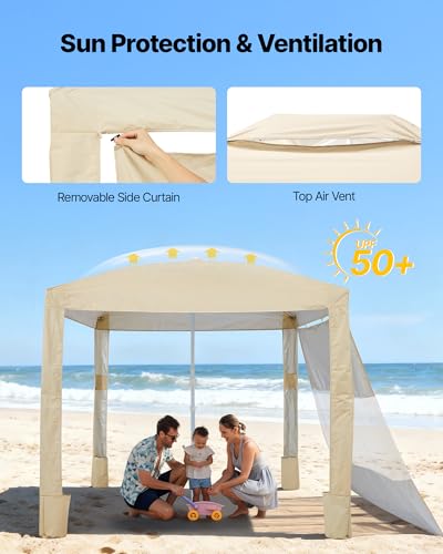VEVOR Beach Cabana, 8 x 8 ft Beach Canopy with Side Wall, UPF 50+ Protection Easy Setup Cabana Tent with Sand Pockets, Adjustable Height Portable Shade Sun Shelter Umbrella for Family & Friends, Khaki - color: Khaki, size: 8*8