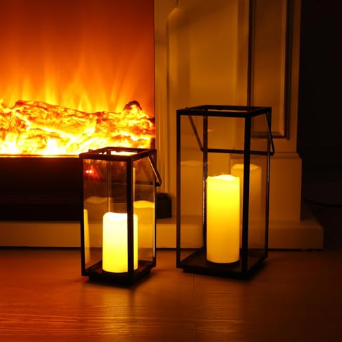 Lantern Decorative Outdoor & Indoor, 14.3'' & 11''H Metal Candle Lanterns Decor, Vintage Hanging Candle Holder for Front Porch Patio Wedding Farmhouse Home, Spring Decoration - color: Black / 14.3‘’h + 11‘’h / Timed Candles