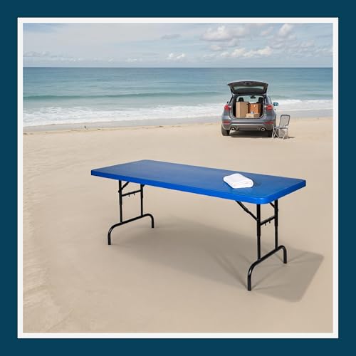 OEF Furnishings OEFBTA-3072-04 Adjustable-Height Commercial-Grade Premium Industrial Folding Table, 6-Foot Pedestal-Leg Design with 17-Gauge Steel Frame and Thick Double-Wall Top (72" × 30", Blue Top) - color: Blue