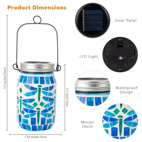 Starsoul Solar Hanging Lanterns Outdoor Waterproof, Mosaic Dragonfly Decor Glass Solar Outdoor Lights, Decorative Solar Lantern for Outside Pathway Patio Porch Yard Decor - color: Dragonfly