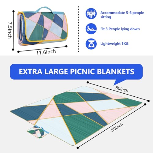 DanCoom Picnic Blanket, Foldable Waterproof Sand Mat,80" x 80" Extra Large Picnic Blanket,Outdoor Mat Beach Blanket for Camping Hiking Travel Family Concerts - color: Euclidean Geometry, size: 6'8" x 6'8" (Square)