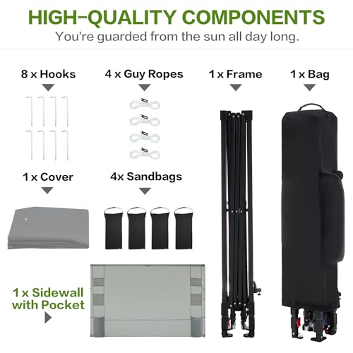 Tunbne 10'x10' Pop Up Canopy Tent with 1 Sidewall and 6 Pockets, One Push Setup, Instant Shade Tent with Vented Roof for Beach Patio Outdoor, Case, 8 Stakes, 4 Ropes, 4 Sandbags (Light Gray, 10x10) - color: Light Gray, size: 10x10