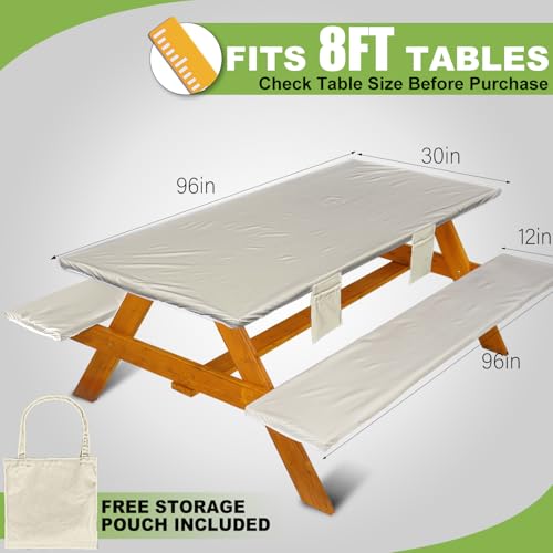 Picnic Table Cover with Bench Covers Vinyl Elastic Edges Fitted Rectangle Seat Tables Waterproof 3-Piece96X30in Set Outdoor Rectangular Folding Backing Tablecloth for Camping Over Size - color: Beige White, size: 96in