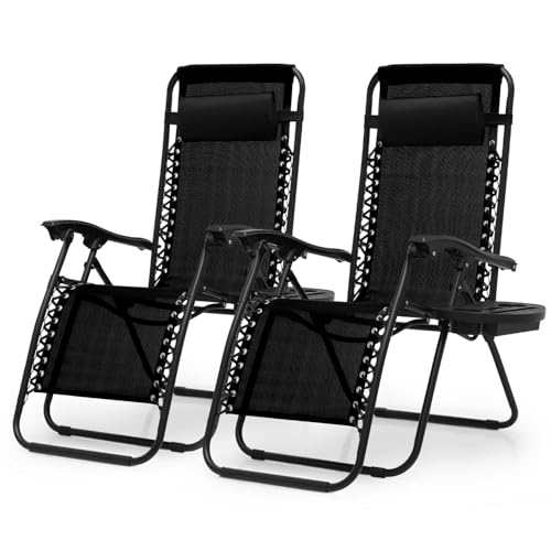 OS MOTOR Zero Gravity Chairs, Portable Folding Reclining Lounge Chairs with Adjustable Pillow and Cup Holder Trays for Outdoor, Patio, Beach, Camping, Garden, Poolside, Set of 2 Black - color: Black