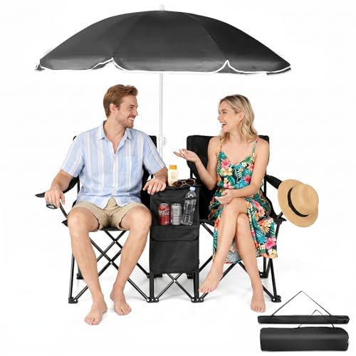Outvita Folding Double Camping Chair w/Umbrella Beverage Holder Carrying Bag Cooler Fold Up Table, Large Bearing Capacity for Beach Patio Pool Park Outdoor Black - color: Black