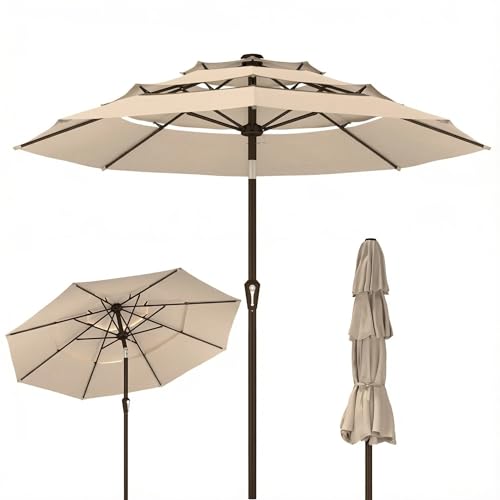 Kingdura 10ft 3-Tier Patio Umbrella, Outdoor Table Umbrella with Easy Crank & Tilt, 8 Reinforced Ribs, UV Protection for Deck, Pool, Market, Backyard (Beige) - color: Beige, size: 10 FT