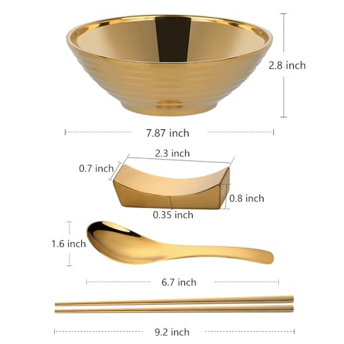 Stainless Steel Ramen Bowl Set, 7.8 Inch Double-Wall Noodle Bowls with Chopsticks Spoons & Chopstick Rests, Modern Soup Dining Bowl for Ramen Pho Salad, Pack of 2, Dishwasher Safe