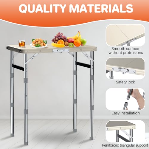 FUNYKICH Camping Table with Waterproof Plastic Tabletop 22.8''x15.7'', 3 Height Adjustable Small Folding Table, Lightweight Portable Picnic Table with Carry Handle for Picnic, Beach, Travel, White - color: White