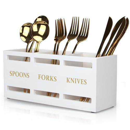 Ayiaren Wood Flatware Silverware Caddy White Cutlery Holder Kitchen Utensils Holder for Party Wooden Silverware Organizer for Countertop Knife Spoon and Fork Holder Table Utensil Caddy Organizer - color: White (Gold Font)