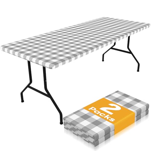 Smiry Picnic Table Cloth 2 Pack, Waterproof Elastic Fitted Tablecloths for 24x48 Rectangle Tables, Washable Polyester Buffalo Plaid Tablecloth for Camping, Dining & Outdoor (Grey & White, 24" x 48") - color: Grey and White, size: 24" x 48"