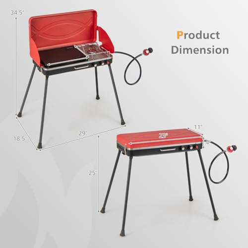 Giantex Portable Propane Grill & Camping Stove, 20,000 BTU Gas Camping Grill Burner, Independent Temperature Control, 3-Sided Wind Guard, Detachable Legs, for BBQ, Tailgating, Outdoor Cooking (Red) - color: Red