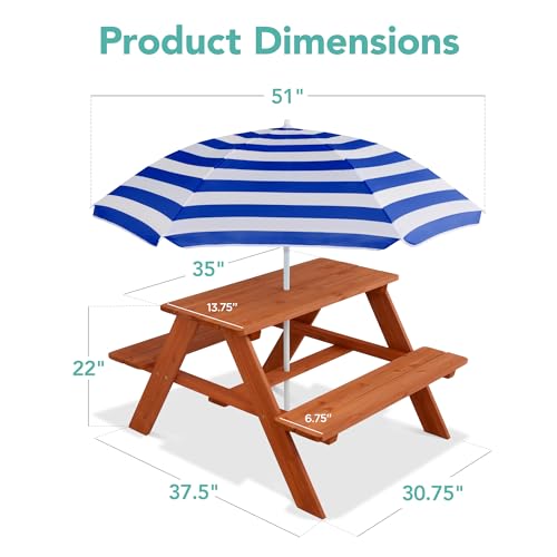 Best Choice Products Wooden Kids Picnic Table with Umbrella, Outdoor Activity Table Set with Built-in Benches, 220 lb Capacity per Bench - Golden Brown/Navy - color: Golden Brown/Navy