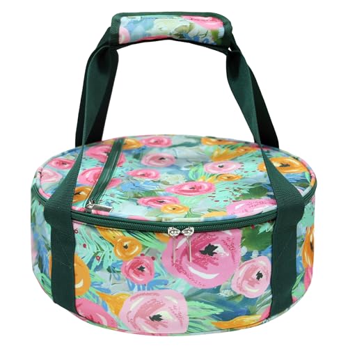 Round Insulated Pie Carrier Portable Food Cake Transport Lunch Bag for Potlucks Picnics Parties Gathering Outdoor Events Travel (Green Floral) - color: Green Floral
