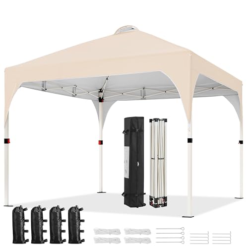 Yaheetech 10x10 Pop Up Canopy Tent with Vent, Easy Set Up Tent, Instant Sun Shelter Canopy with Wheeled Bag, 4 Sandbags, 12 Stakes & 4 Ropes, for Parties, Beach, Outdoor, Beige - color: Beige, size: 10x10