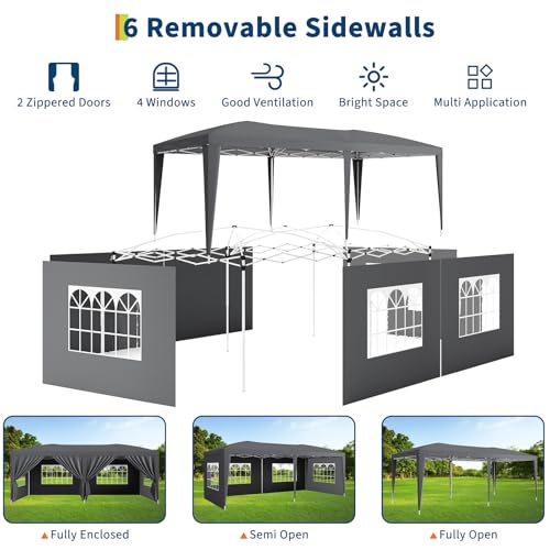 GarveeLife 10x20 Heavy Duty Pop Up Canopy Tent with 6 Removable Sidewalls, Easy Up Commercial Canopy Tents for Parties, Large Outdoor Canopies with 3 Adjustable Heights, Stakes X18, Ropes X6, Grey