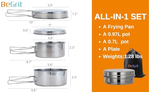 BeGrit Backpacking Camping Cookware Mini Picnic Camping Cooking Mess Kit with Pot and Pan Set for Hiking - color: Silver 4pcs