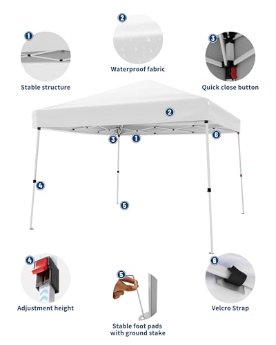 GarveeLife Canopy Tent, GarveeLife 10X10 FT Pop Up Canopy Outdoor Instant Tent Slant Legs with Carrying Bag, Portable Gazebo Shelter for Patio Deck Garden Beach - 8X8 FT Canopy Cover (White) - color: White